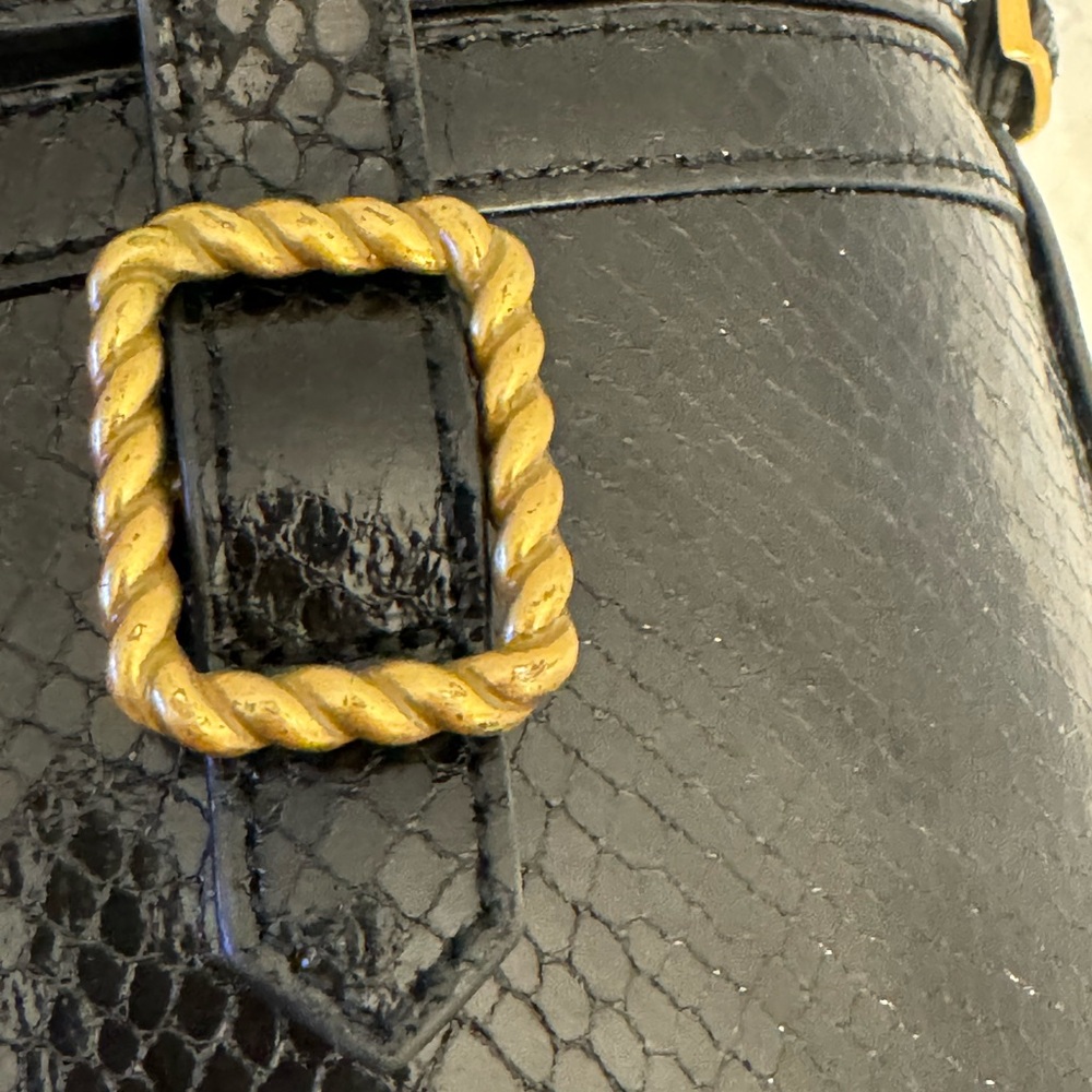 Black Snakeskin Bucket Bag with Gold Buckle Accent - Picture 9 of 11